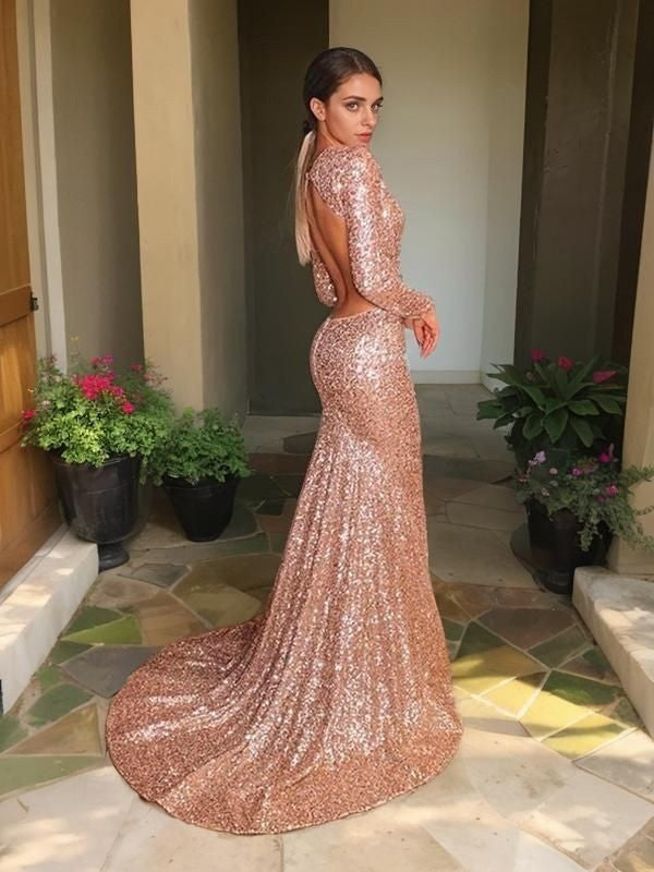 Trumpet/Mermaid V-neck Court Train Sequins Evening Dresses With Ruffles Prom Dress