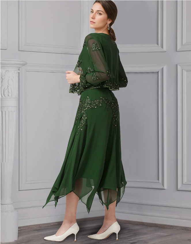 Two Piece A-Line Mother of the Bride Dress Formal Wedding Guest Elegant V Neck Tea Length Chiffon Sequined Long Sleeve Jacket Dresses with Pleats Crystals