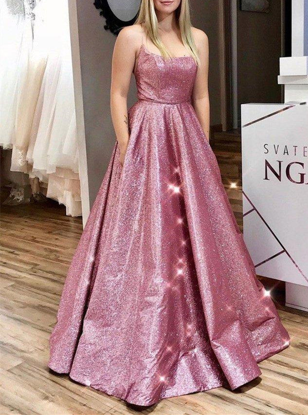 A line Sequins Spaghetti Straps Prom Dresses Evening