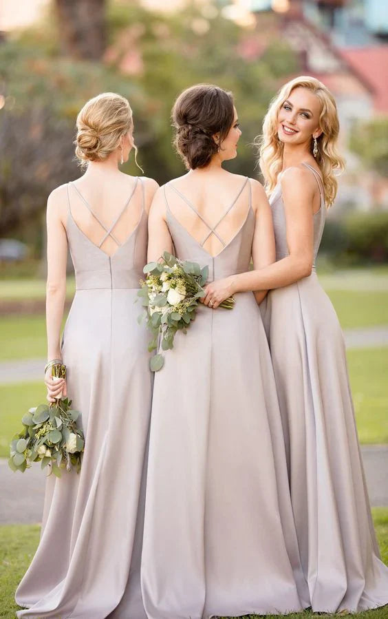 Uniuqe Mermaid/Trumpet V Neck Sleeveless Satin Floor-Length Bridesmaid Dress