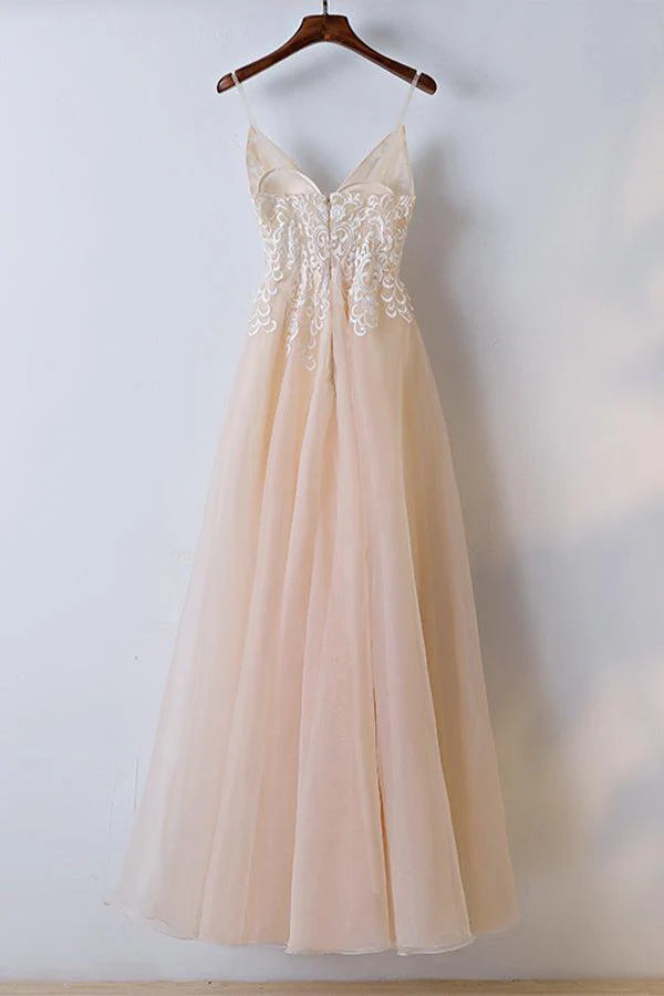 A-line V Neck Lace Tulle Spaghetti Straps Long Prom Dress