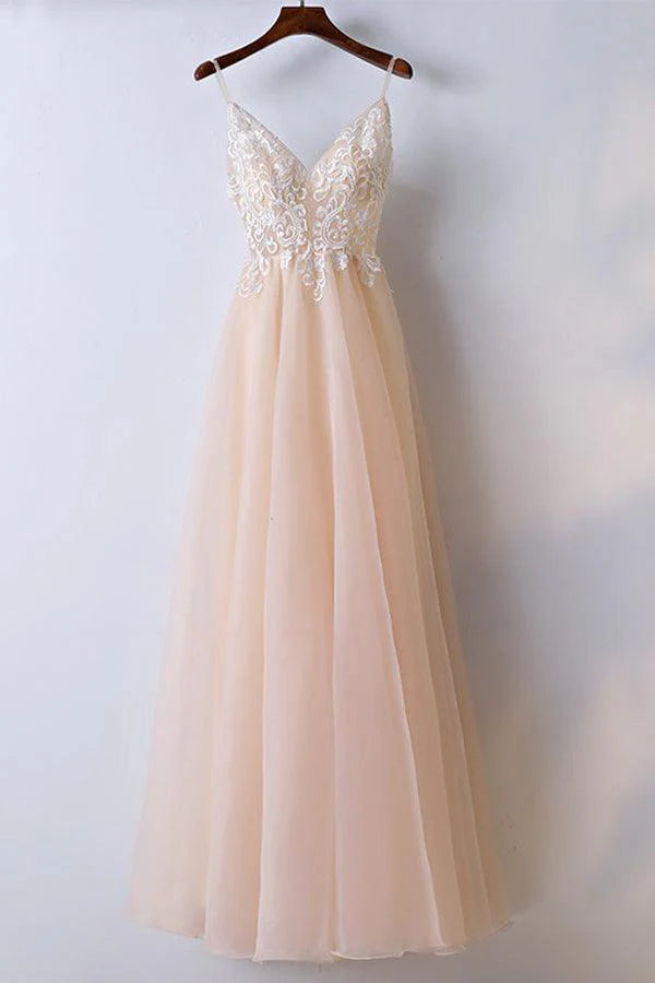 A-line V Neck Lace Tulle Spaghetti Straps Long Prom Dress