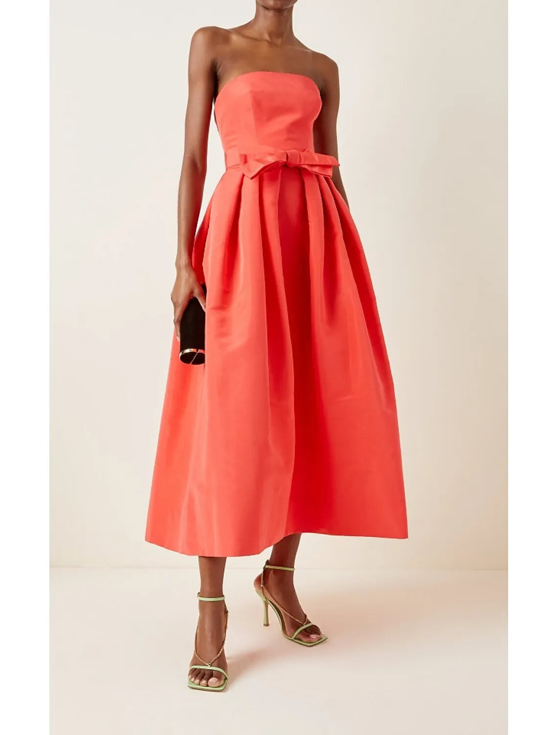 Vibrant A-Line Strapless Bow Satin Coral Tea Length Prom Dress With Pocket