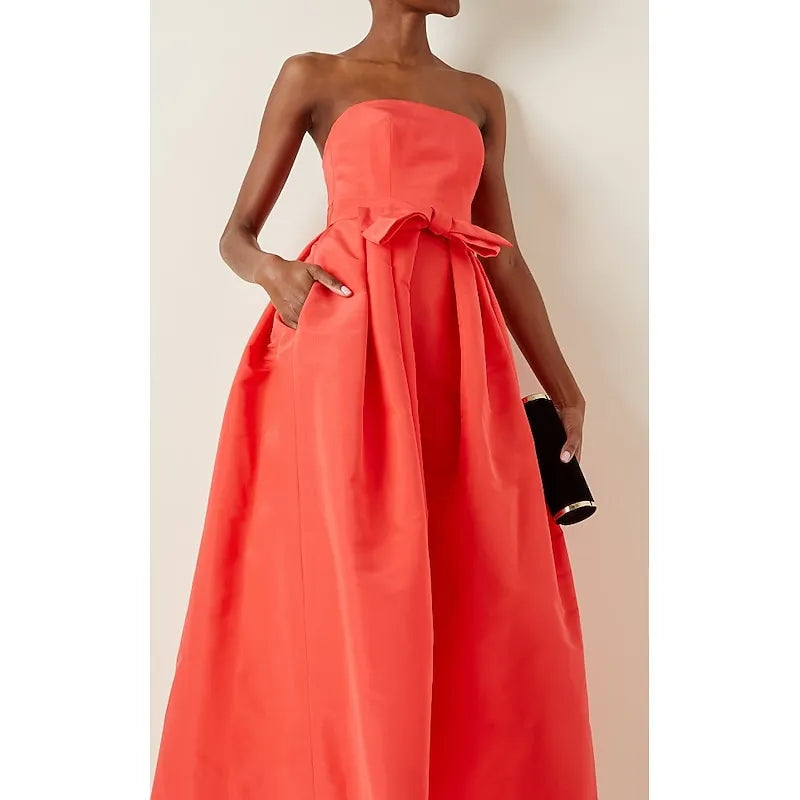 Vibrant A-Line Strapless Bow Satin Coral Tea Length Prom Dress With Pocket