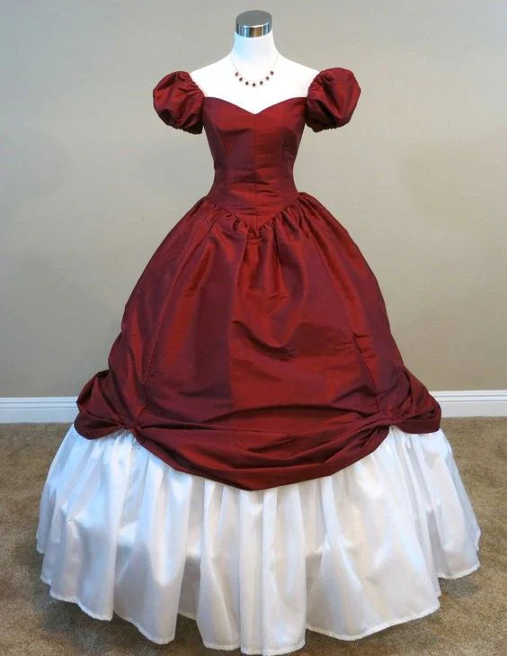 Vintage Sweetheart-Neck Short-Sleeve Two-Tone Burgundy Satin Long Party Dresses