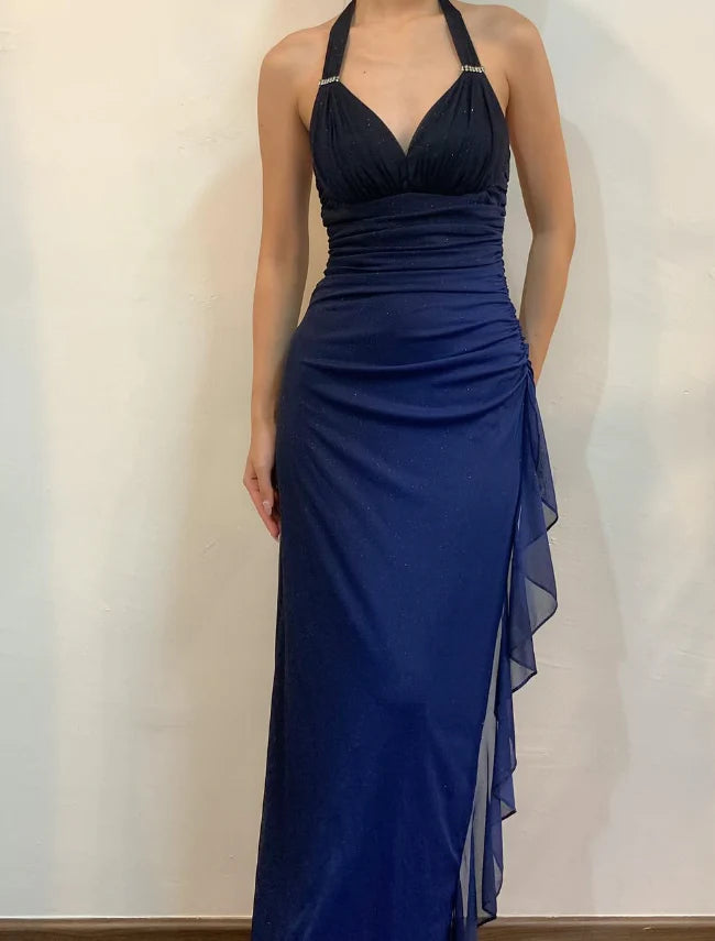 Vintage Sheath Halter Neck Sleeveless Backless Floor-Length Prom Dress