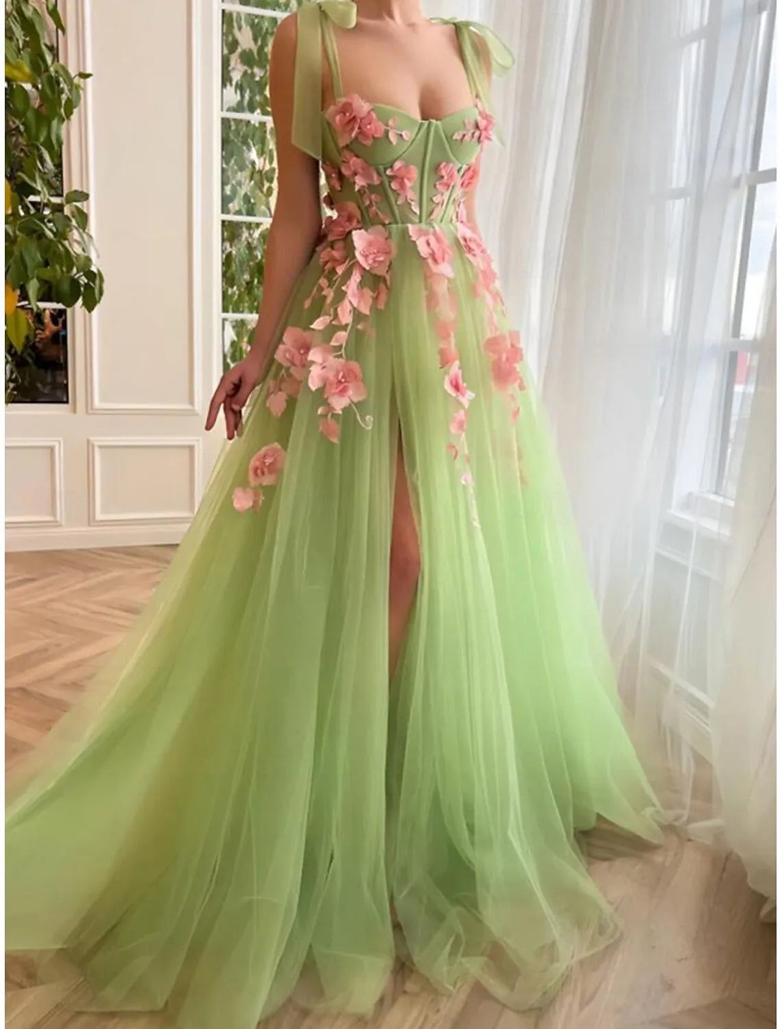 Whimsical A-Line Sweetheart Floral Applique Sage Green Floor Length Prom Dress