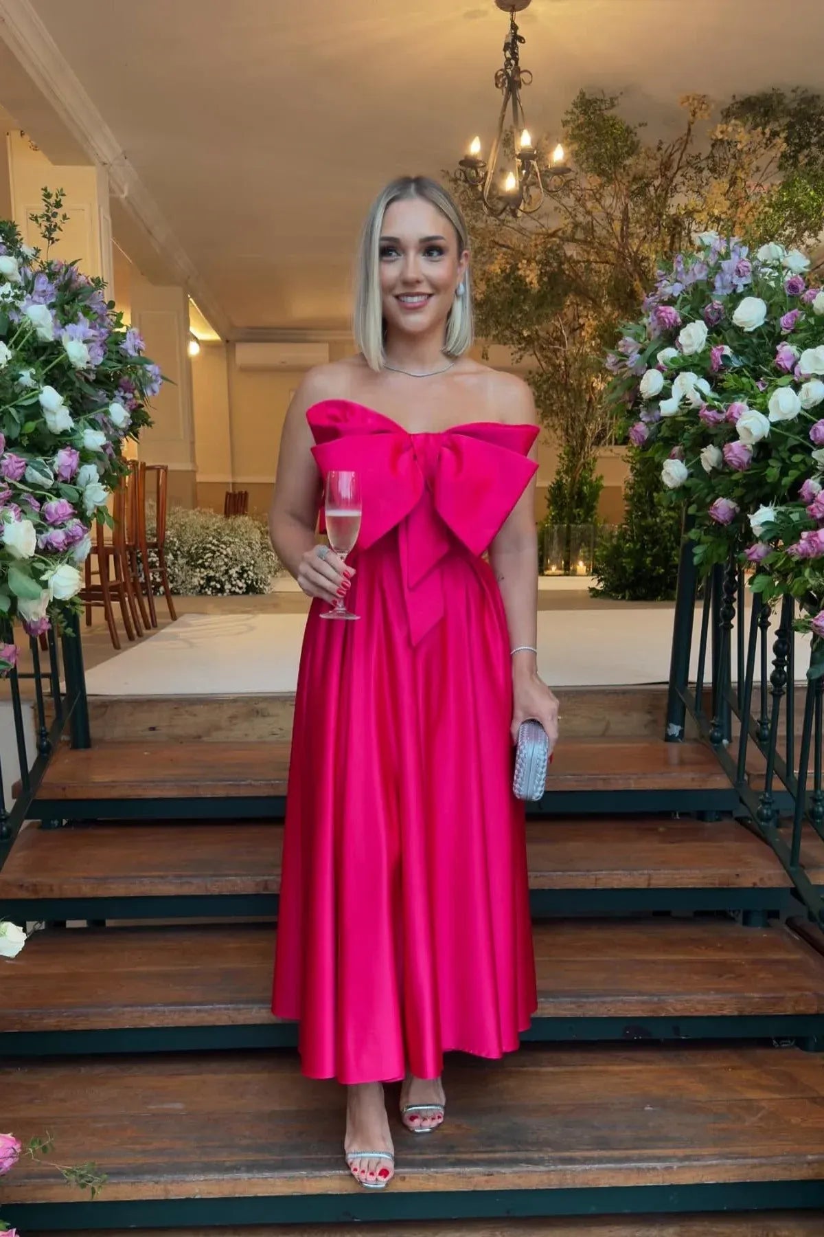 Wonderful A-line Strapless Sleeveless Bow Satin Ankle-Length Prom Dress