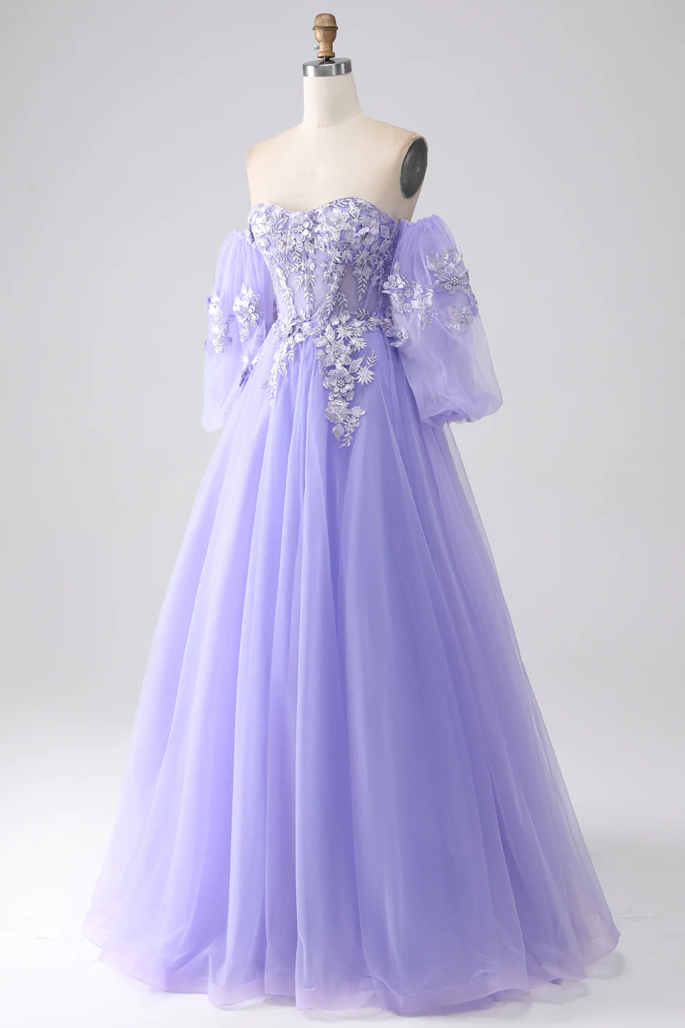 A-Line Strapless Tulle Long Prom Dress with Sleeves