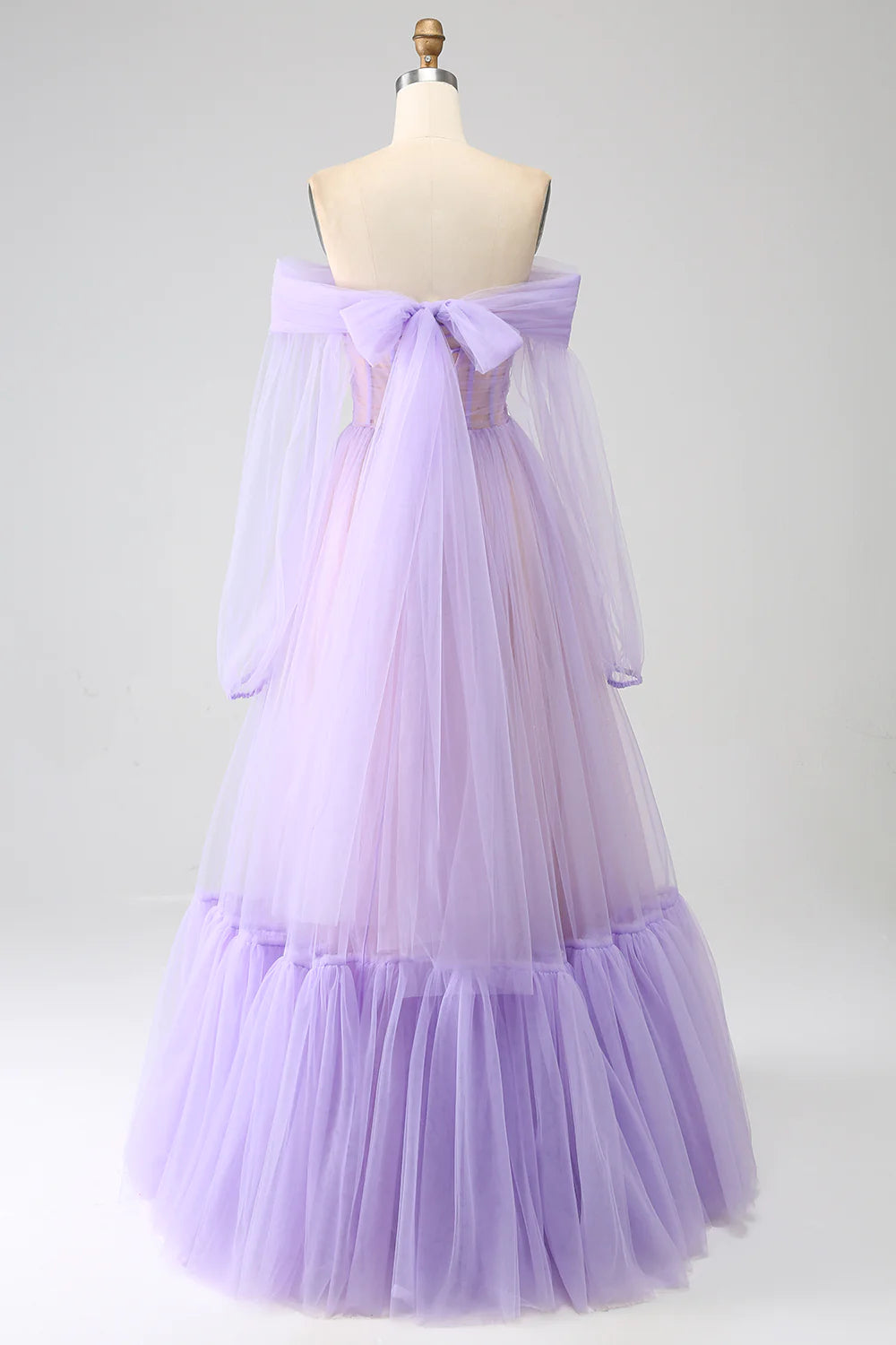 A-Line Off The Shoulder Splicing Tulle Prom Dress With Long Sleeves