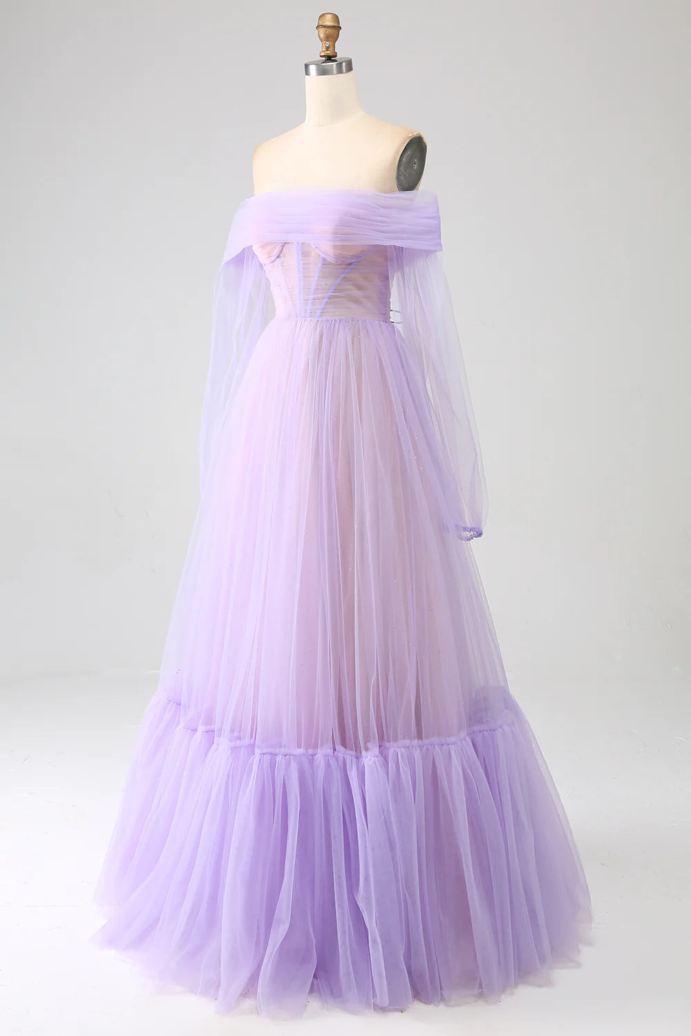 A-Line Off The Shoulder Splicing Tulle Prom Dress With Long Sleeves