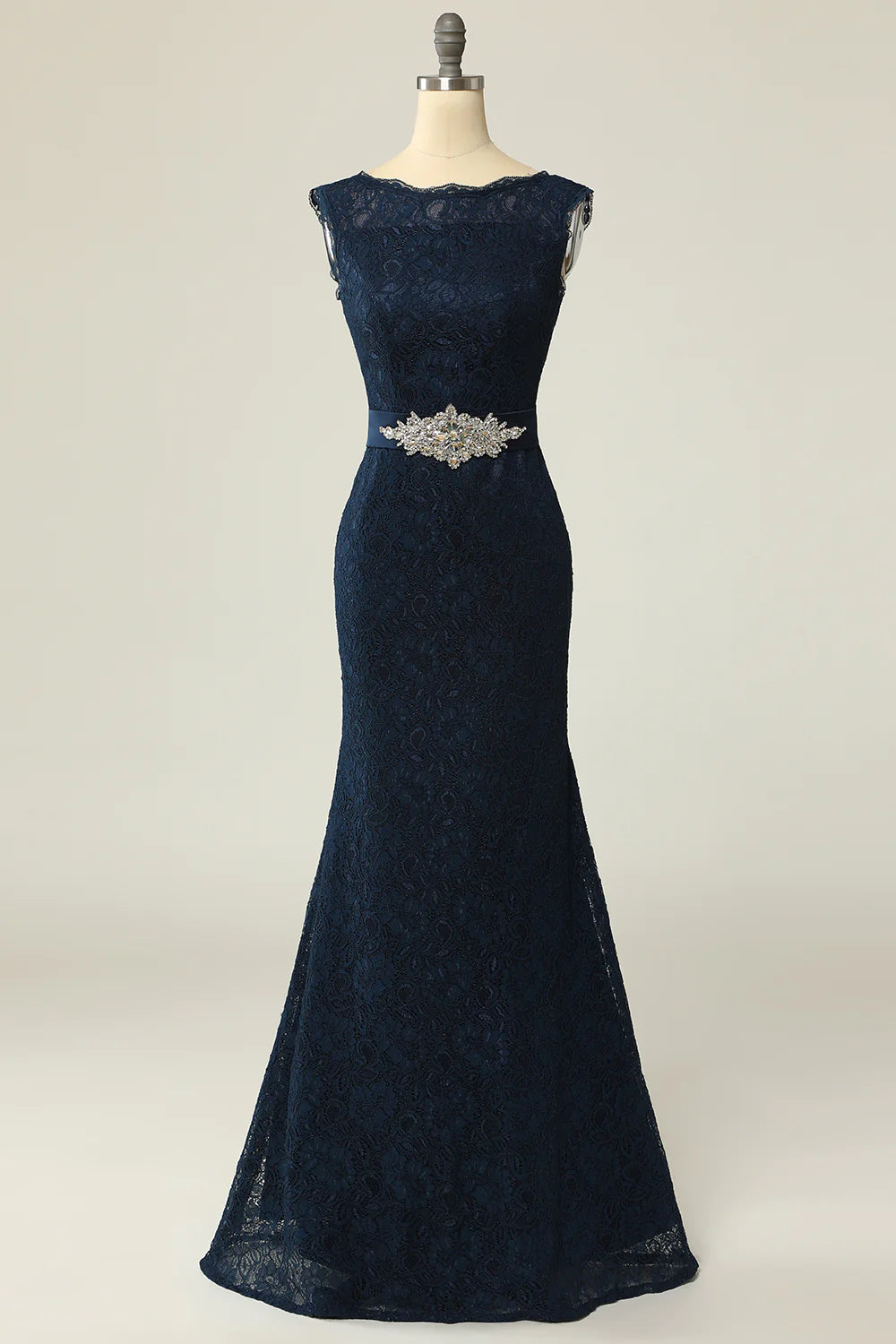 Navy Blue Lace Mermaid Gown with Jeweled Belt and Boat Neck Mother Dress