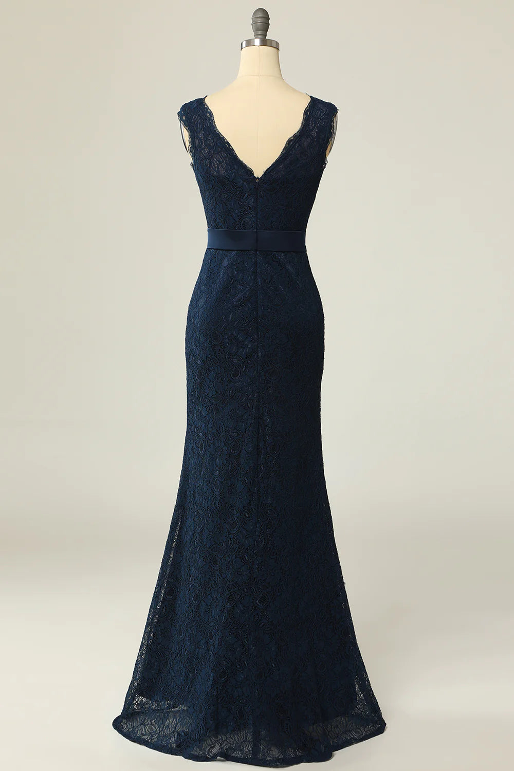 Navy Blue Lace Mermaid Gown with Jeweled Belt and Boat Neck Mother Dress