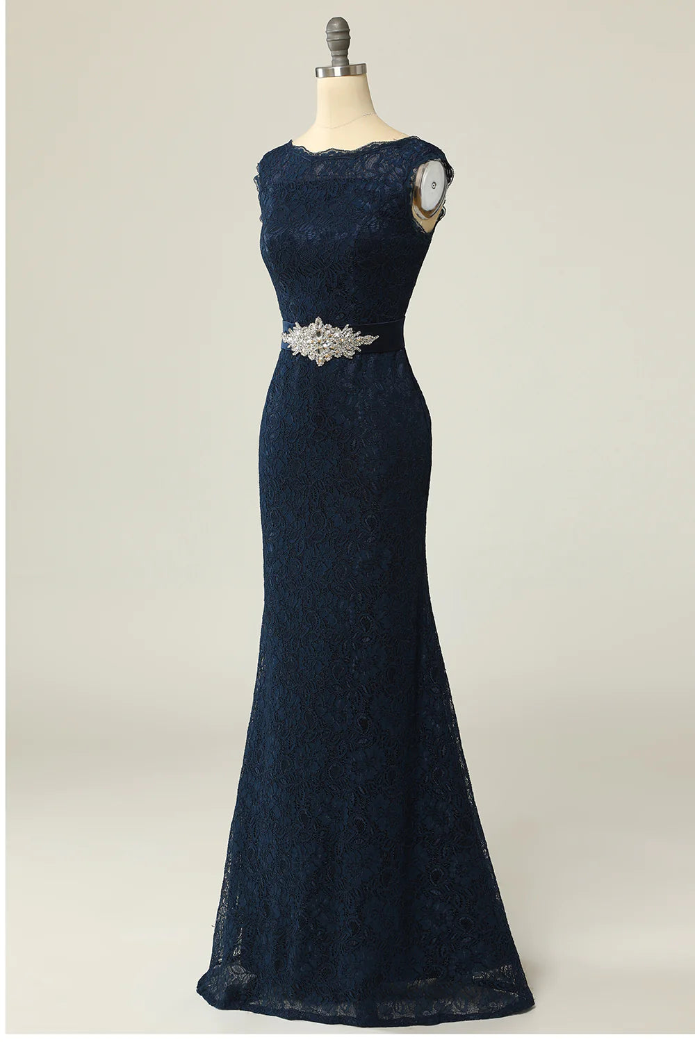 Navy Blue Lace Mermaid Gown with Jeweled Belt and Boat Neck Mother Dress