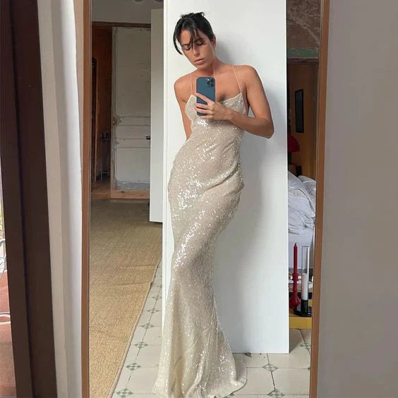 Glamorous Mermaid Spaghetti Strap Sleeveless Sequin Ivory Long Party Dresses