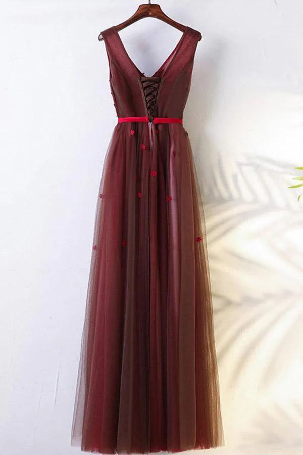 A-Line Crew Floor-Length Tulle Belt Appliques Prom Dress