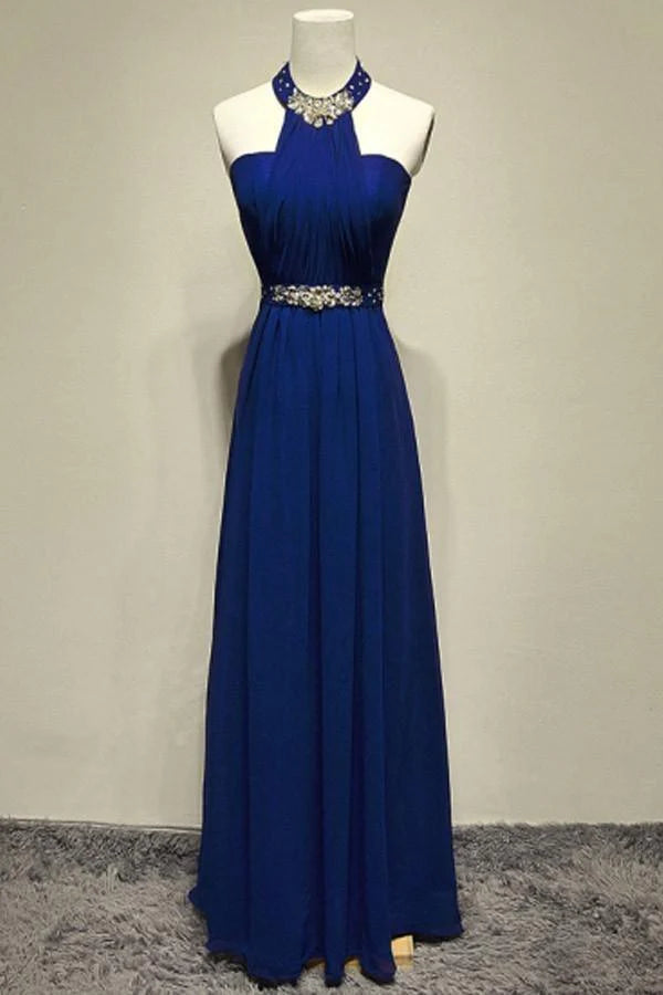A-line Halter Crystal Floor-Length Prom Dress