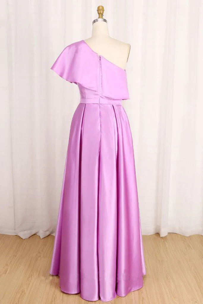 A-Line One-Shoulder Long Satin evening gown Prom Dress Party Dress with Ruffles