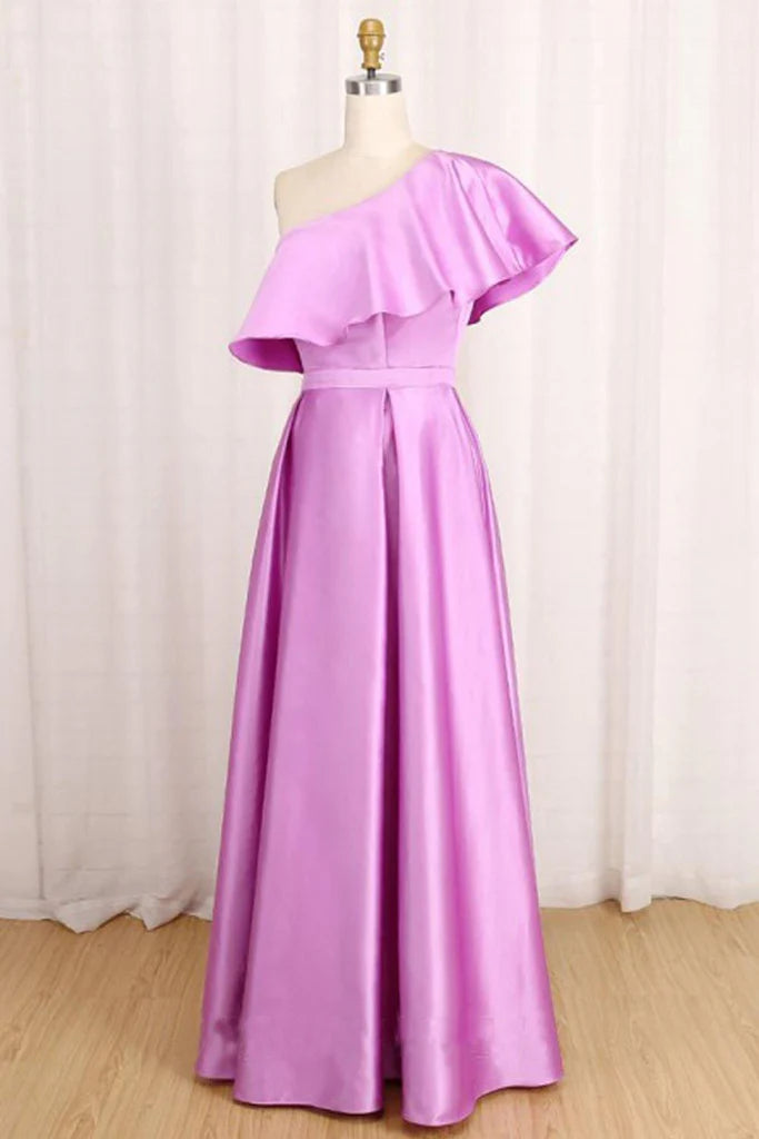 A-Line One-Shoulder Long Satin evening gown Prom Dress Party Dress with Ruffles