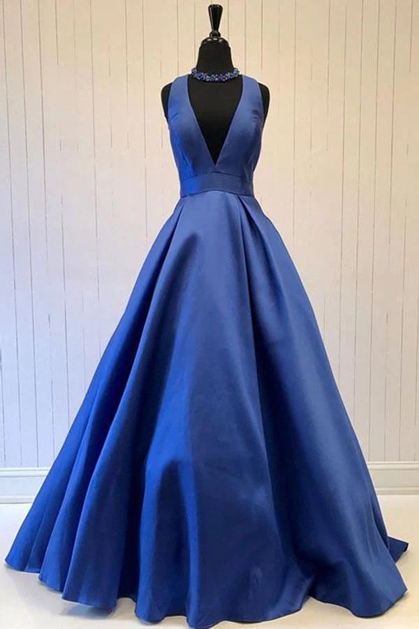 A Line Prom Dress Simple Elegant Long V Neck Prom Dress