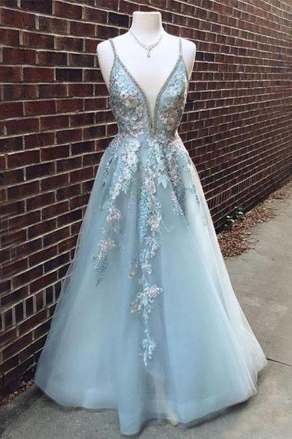 A Line Spaghetti Straps Appliques Light Blue evening gown Prom Dress With Beading