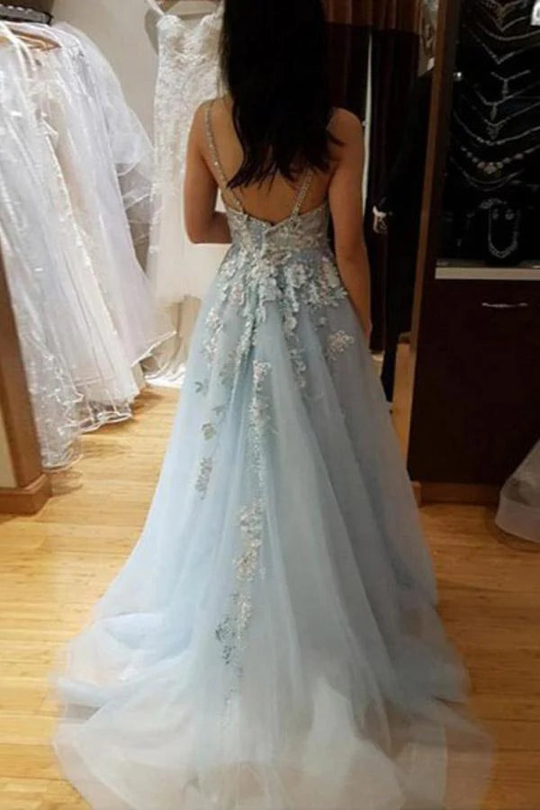 A Line Spaghetti Straps Appliques Light Blue evening gown Prom Dress With Beading