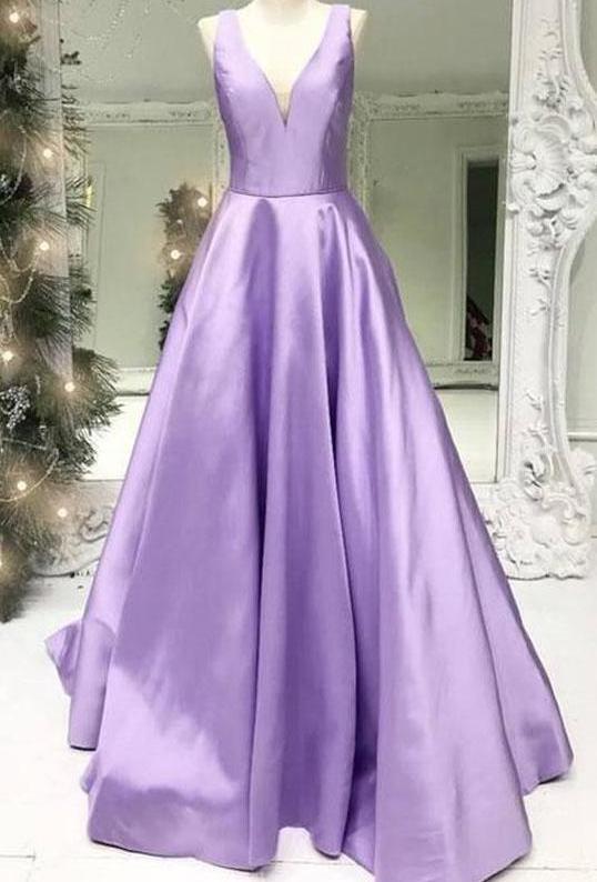 A-Line V-Neck Backless Sweep Train Lilac Satin evening gown Party Prom Dress