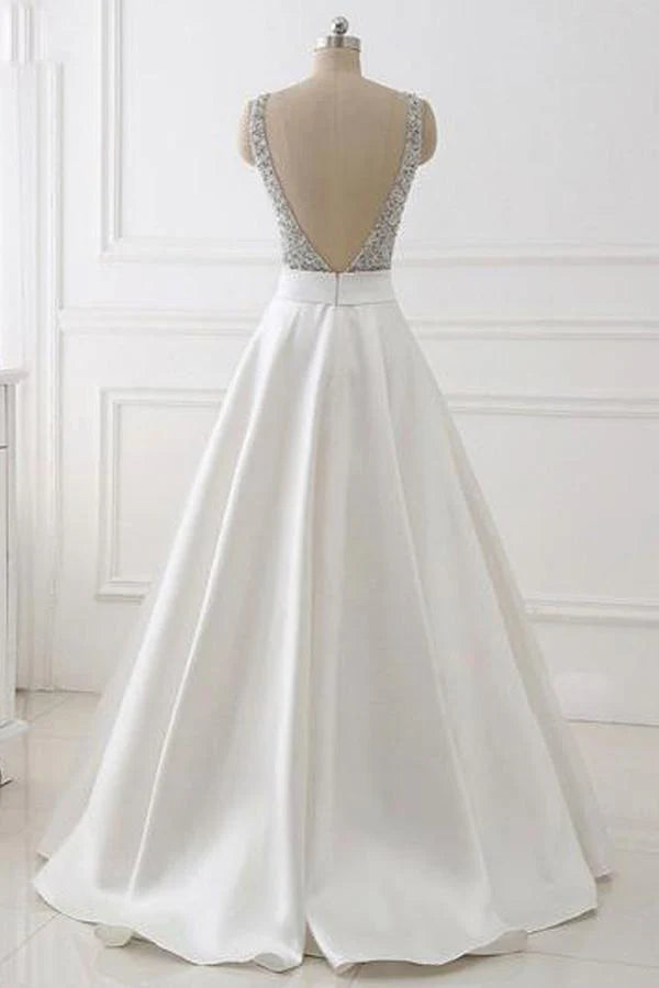 A-line V-neck Beaded Top Satin Long Prom Evening Dress