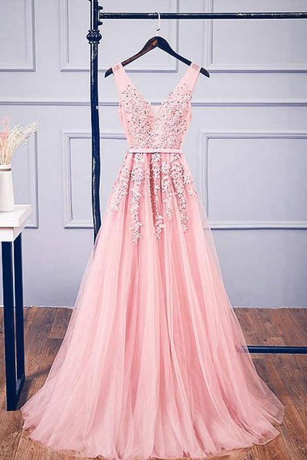 A-line V Neck Tulle Lace Applique Long Prom Dress Evening Dress