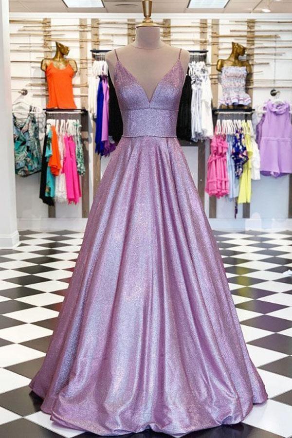 A-line V-neck Spaghetti Straps Purple Evening Dress Prom Dress