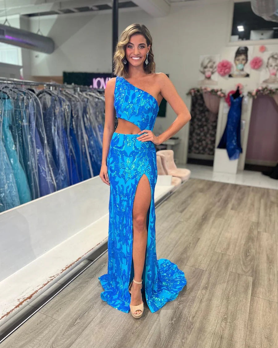 Mermaid Cute One Shoulder Sequins Lace Prom Dresses with Slit