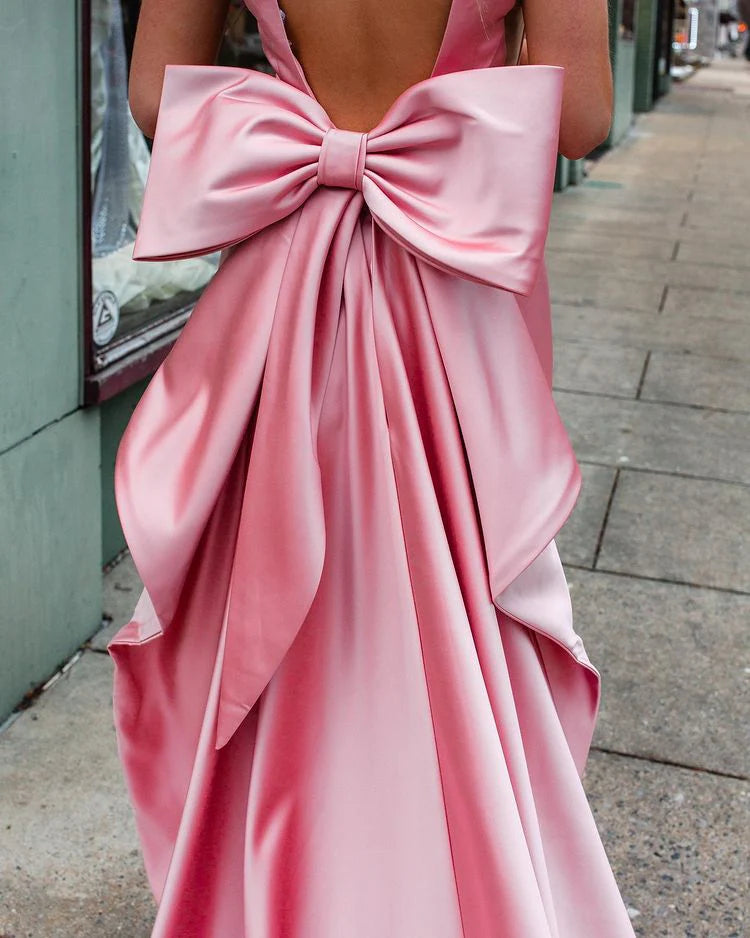 Sheath Sweetheart Charming Pink Saitn Prom Dress with Big Bow