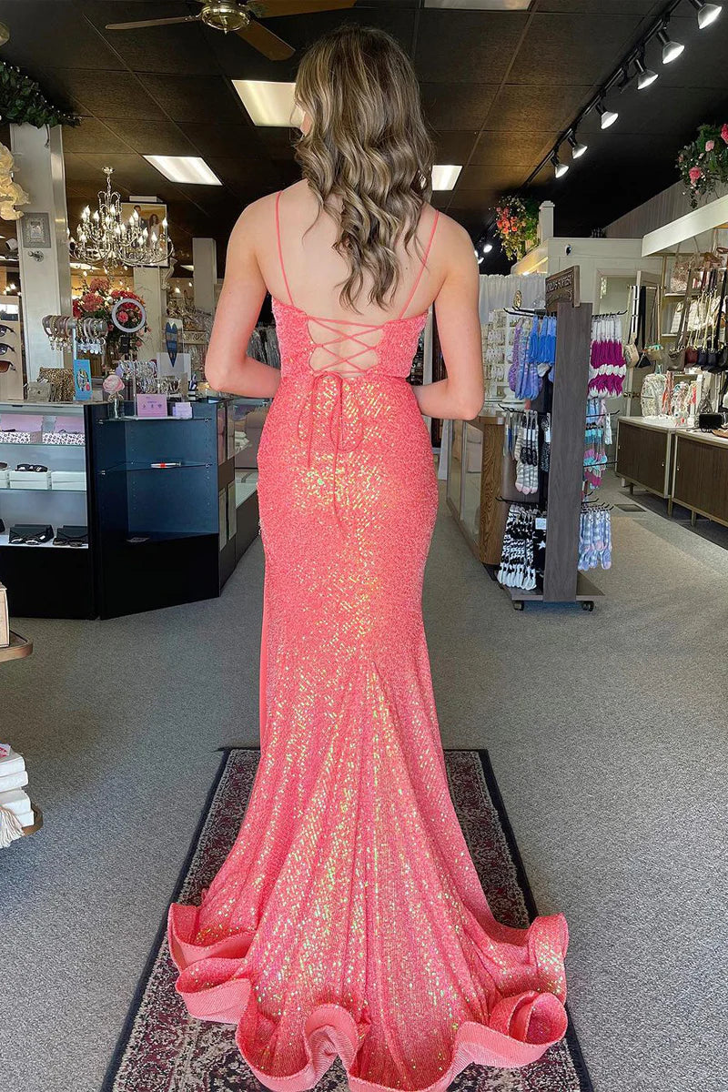 Mermaid V Neck Sequins Pink Long Prom Dress