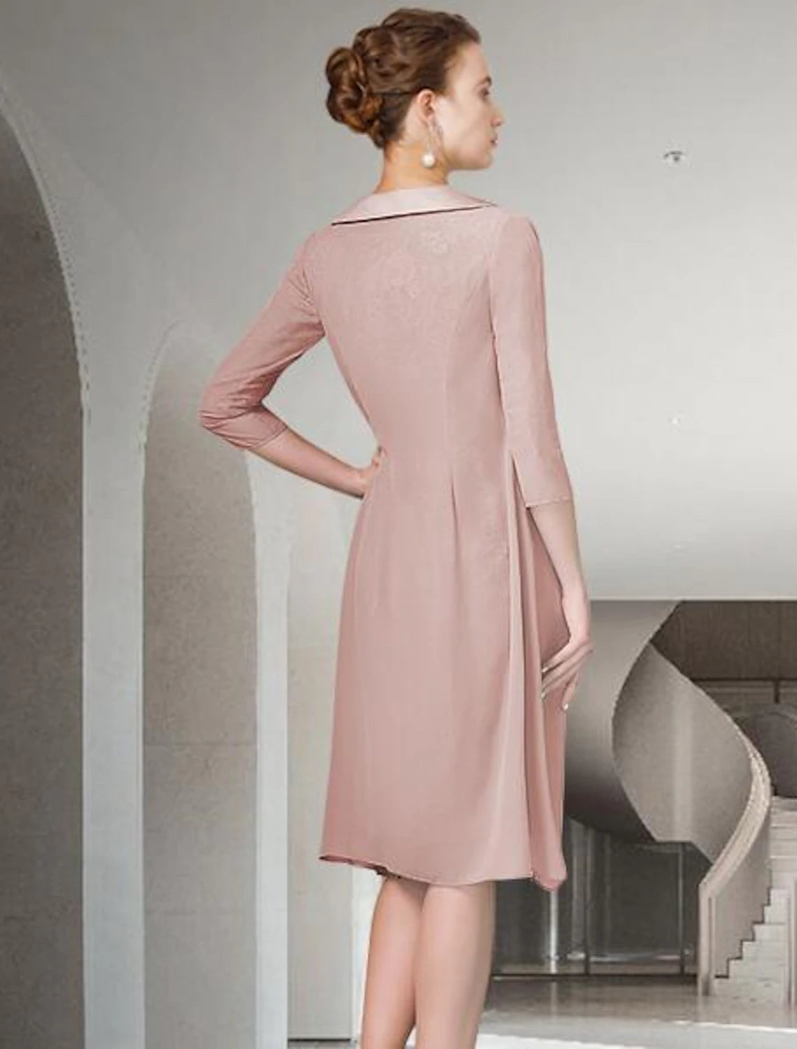 Two Piece Sheath / Column Mother of the Bride Dress Wedding Guest Church Elegant Plus Size Jewel Neck Knee Length Chiffon Lace Half Sleeve Wrap Included Jacket Dresses with Ruched Appliques