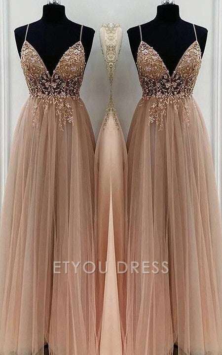 A-Line/Elegant Spaghetti Straps Sleeveless Beading Tulle Floor-Length formal dresses Bridesmaid Dresses evening gown Prom Dress With Split