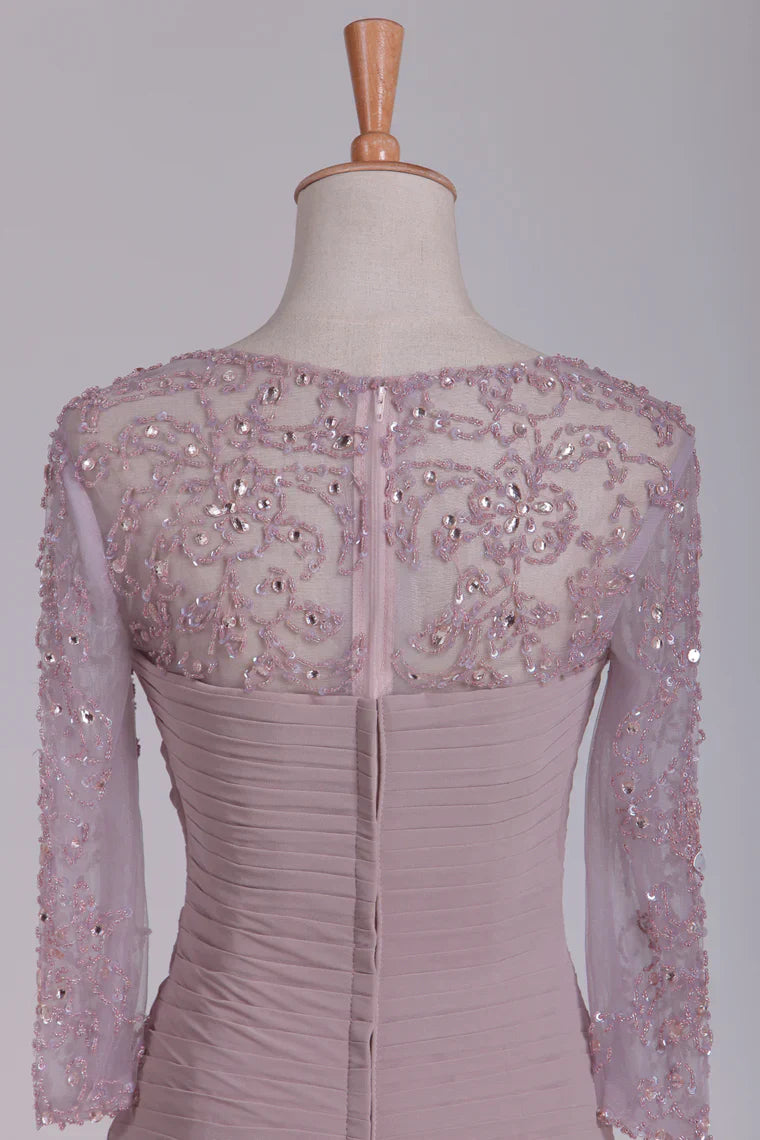 Beaded Ruched 3/4 Length Sleeves Sheath Chiffon Mother Of The Bride Dresses