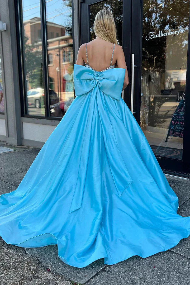 Square Neck Blue Satin Charming Ball Gown Long Prom Dresses with Beading