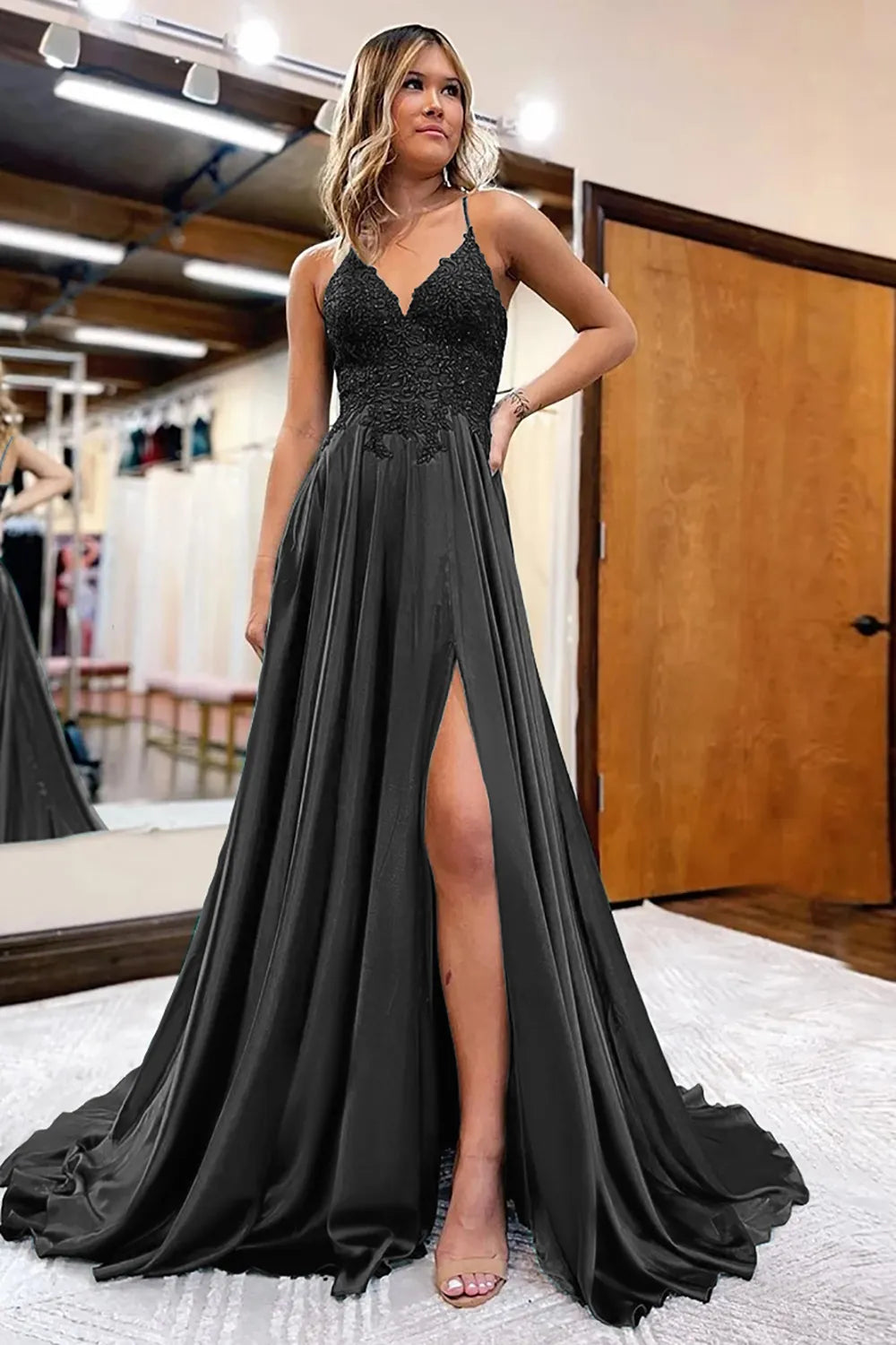 A-Line Satin Appliques Prom Dress with Slit