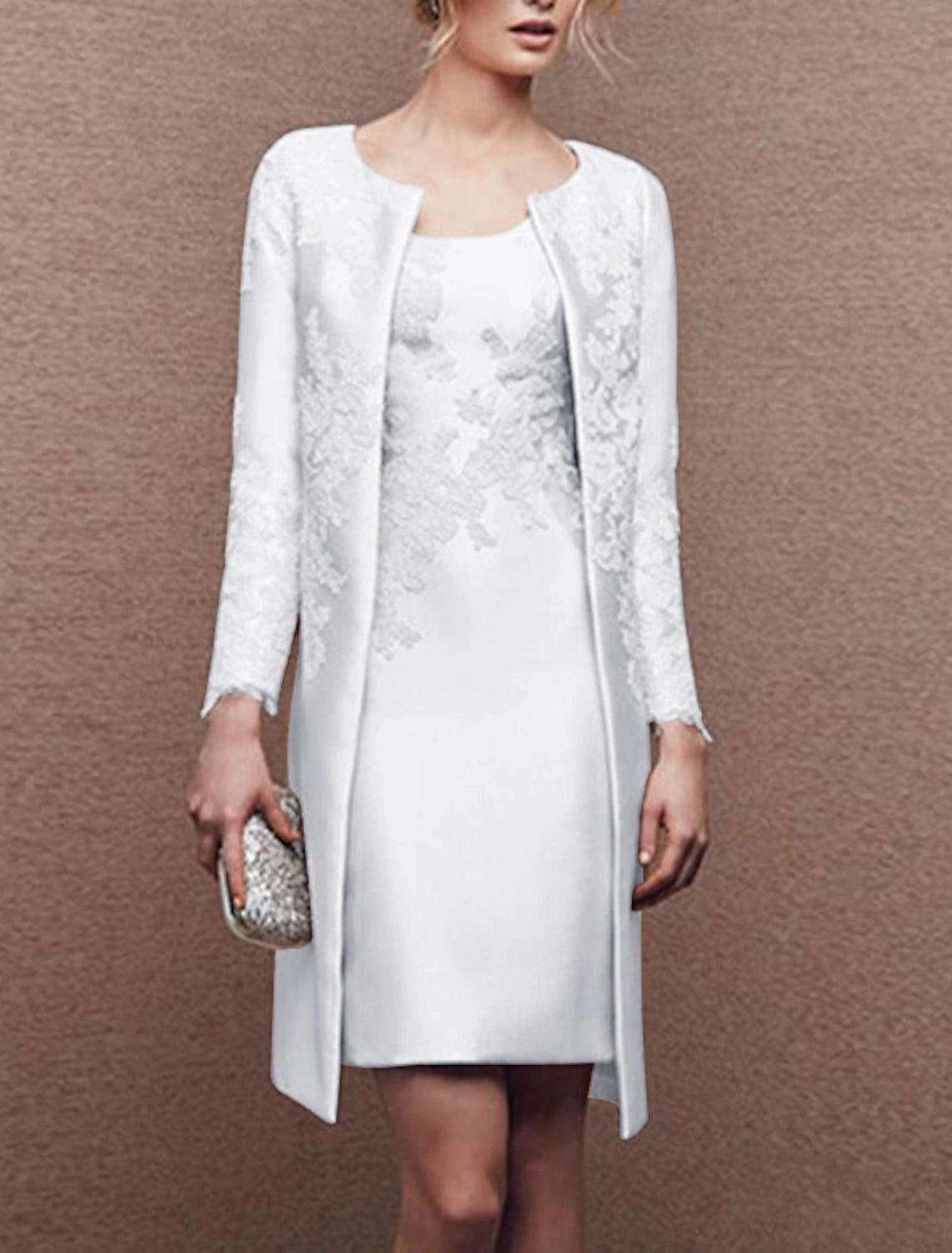 Two Piece Sheath / Column Mother of the Bride Dress Fall Wedding Guest Dresses Church Plus Size Elegant Scoop Neck Knee Length Satin Lace Sleeveless Wrap Included Jacket Dresses with Appliques