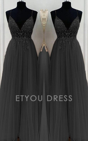 A-Line/Elegant Spaghetti Straps Sleeveless Beading Tulle Floor-Length formal dresses Bridesmaid Dresses evening gown Prom Dress With Split