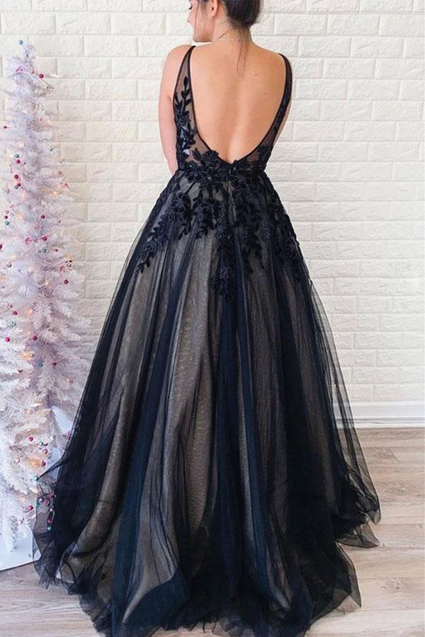 A-line V Neck Backless Tulle Black formal dresses evening gown Prom Dress With Applique