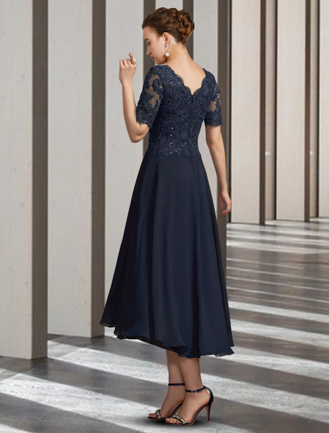 A-Line Mother of the Bride Dress Elegant High Low V Neck Asymmetrical Tea Length Chiffon Lace Short Sleeve with Pleats Appliques