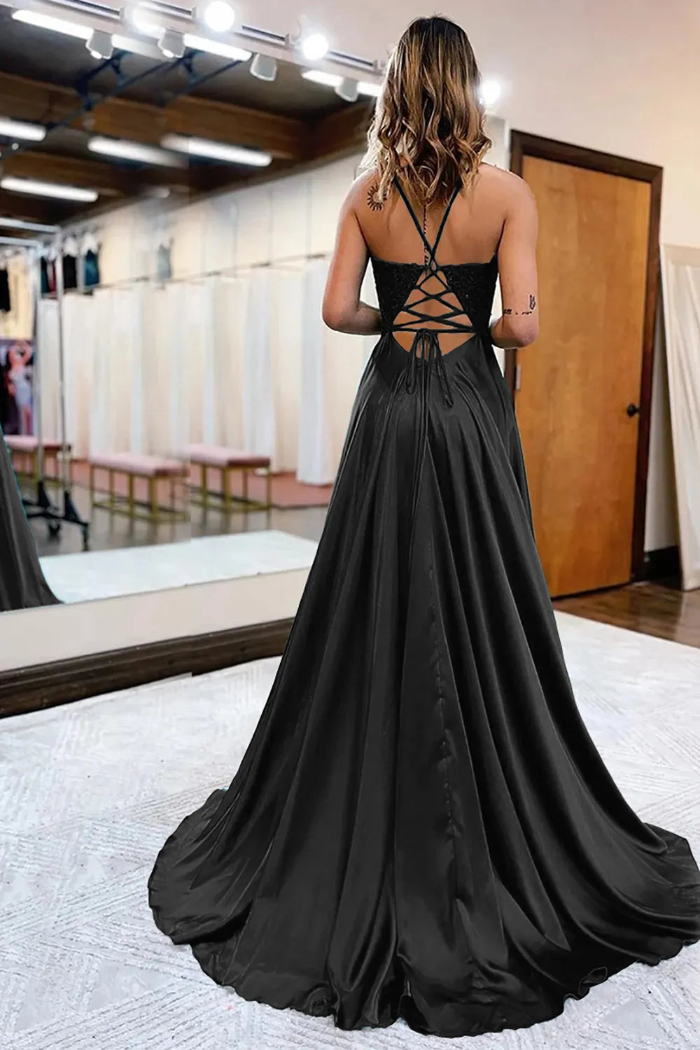 A-Line Satin Appliques Prom Dress with Slit