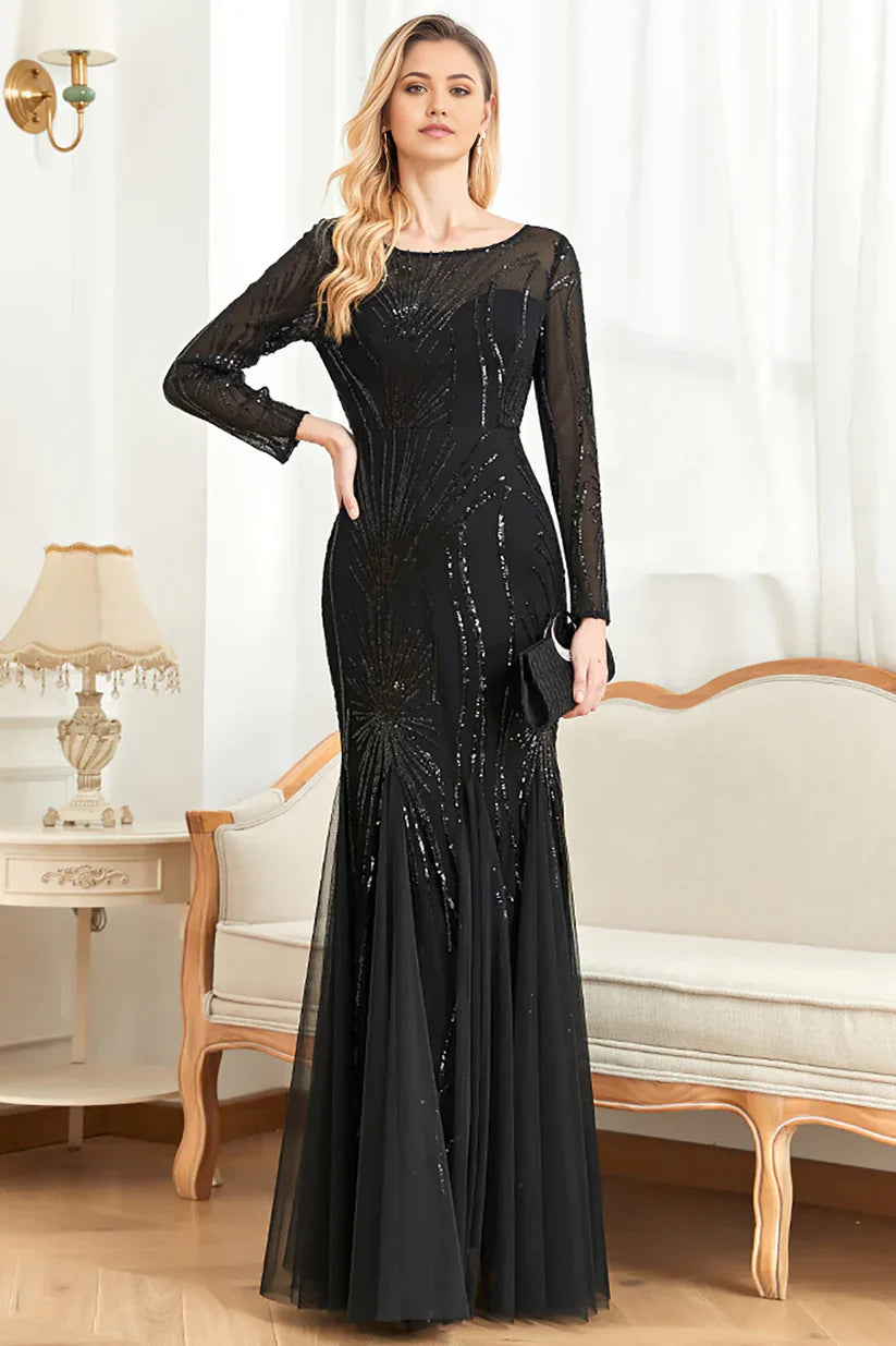 Mermaid Sequins Boat Neck Long Sleeves Mother of the Bride Dress