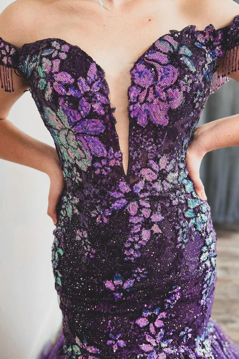 Mermaid Off the Shoulder Sparkly Purple Sequins Lace Long Prom Dress