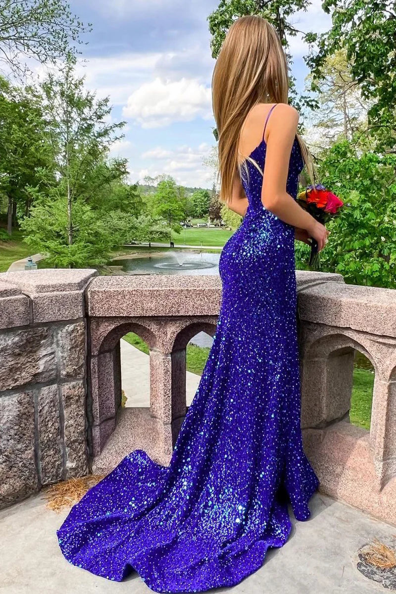 Mermaid Gorgeous v Neck Royal Blue Sequins Long Prom Dresses