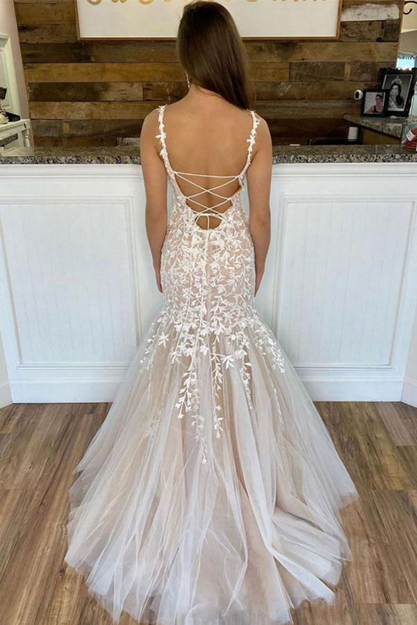 Mermaid Champagne Tulle Lace Long Evening Dresses Prom Dresses