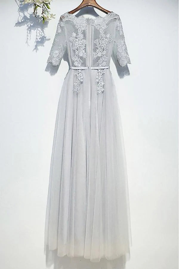 A-line Lace Appliques Long Sleeves Tulle Prom Dresses Ball Gown