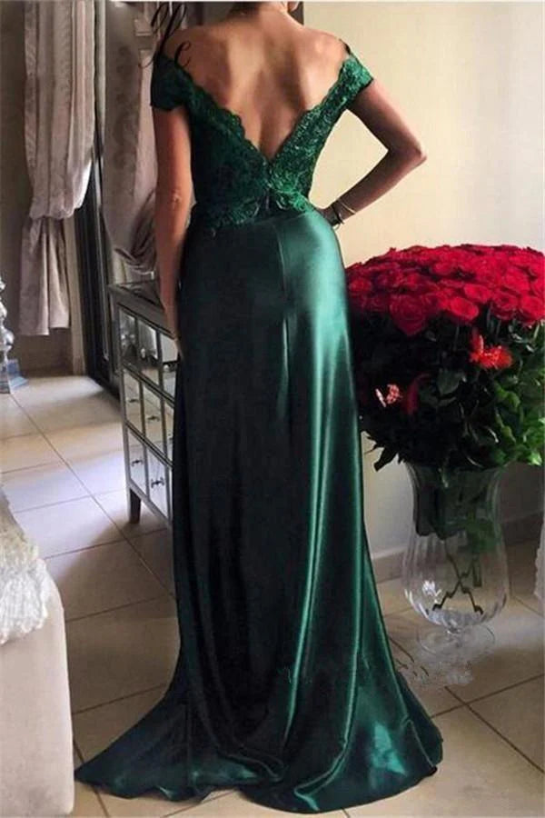 A-line Off-the-shoulder Dark Green Evening Dresses Prom Dresses With Split