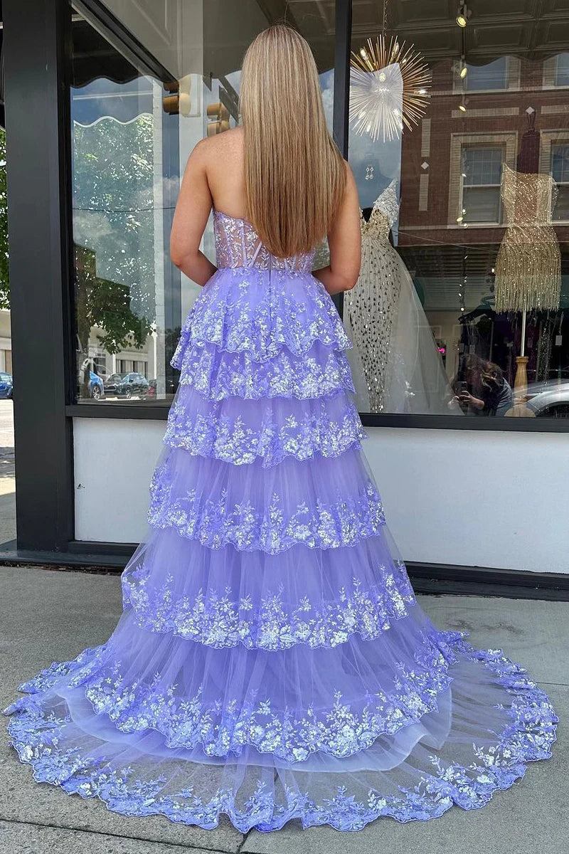 A-Line Charming One Shoulder Lilac Tulle Long Prom Dresses with Side Slit